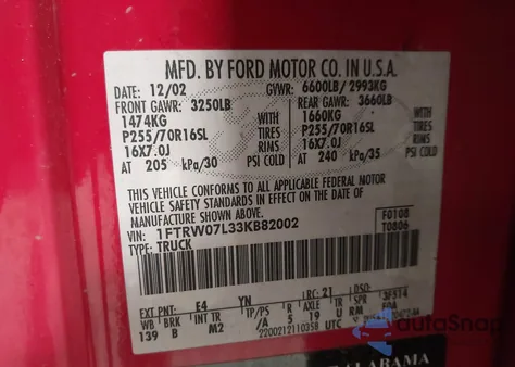 2003 Ford F-150 Lariat/Xlt z USA, uszkodzony, nr VIN 1FTRW07L33KB82002